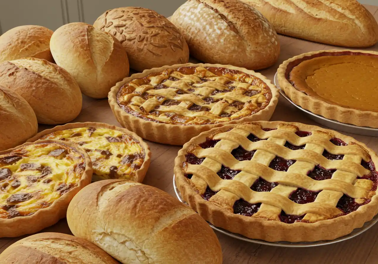 Assorted crusty bread loaves and sweet homemade pies arranged on a rustic table with natural lighting.