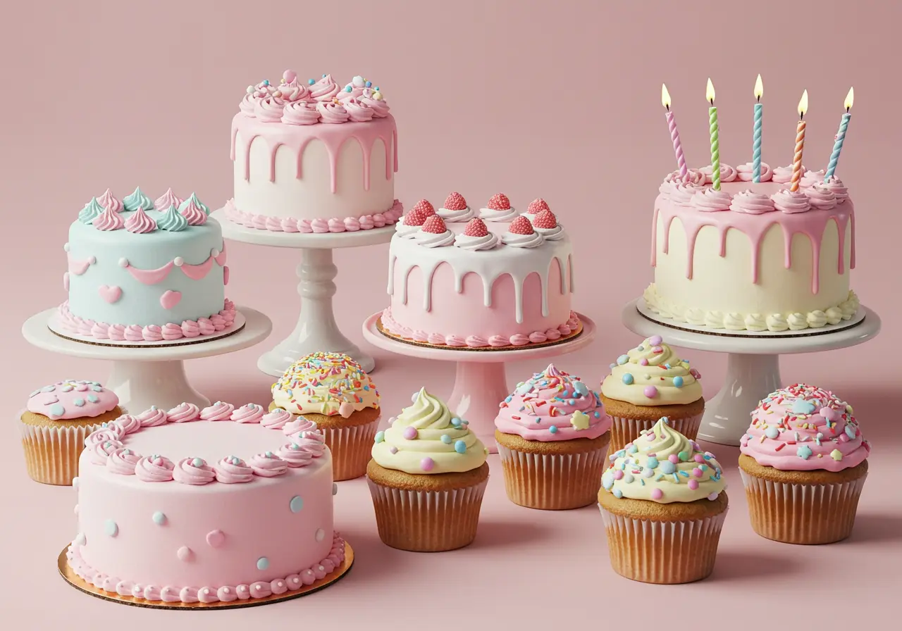 An assortment of decorated cakes and matching cupcakes arranged on a dessert table with floral accents.
