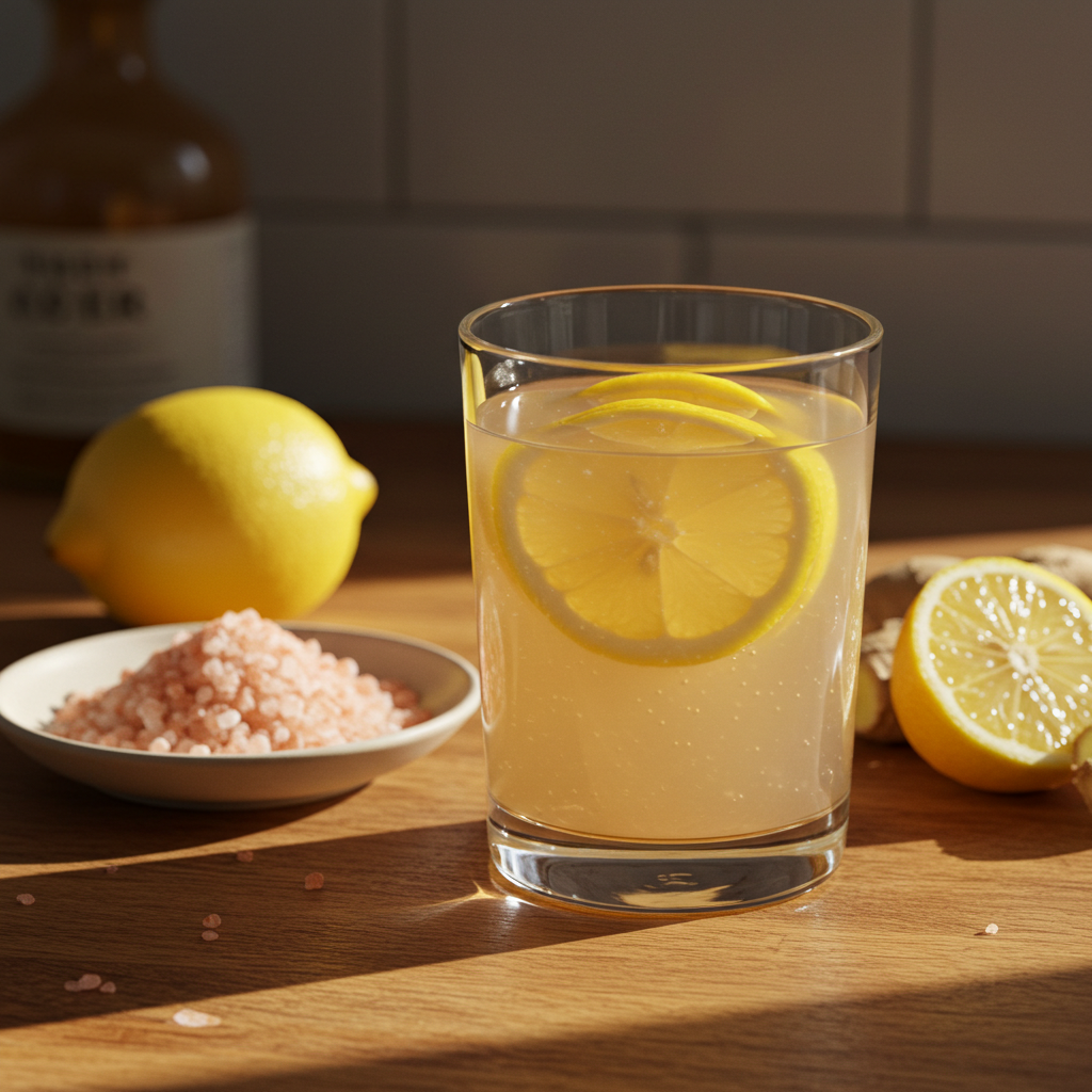Close-up of a pink salt recipe to lose weight, featuring a glass of detox water with lemon, apple cider vinegar, and pink salt crystals on a kitchen counter.