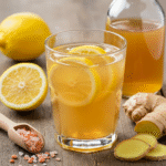 Close-up of a pink salt recipe to lose weight, featuring a glass of detox water with lemon, apple cider vinegar, and pink salt crystals on a kitchen counter.