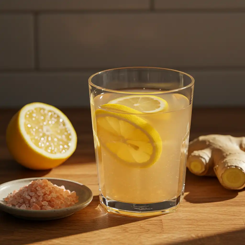 Close-up of a pink salt recipe to lose weight, featuring a glass of detox water with lemon, apple cider vinegar, and pink salt crystals on a kitchen counter.
