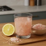 A close-up of a pink Himalayan salt weight loss drink with lemon, photographed in natural light on a wooden kitchen counter.