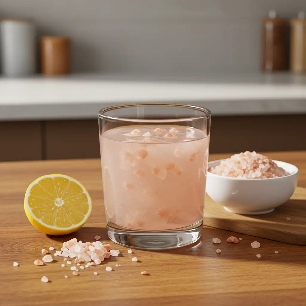 Close-up of a glass of warm pink Himalayan salt water with lemon and salt crystals on a kitchen counter