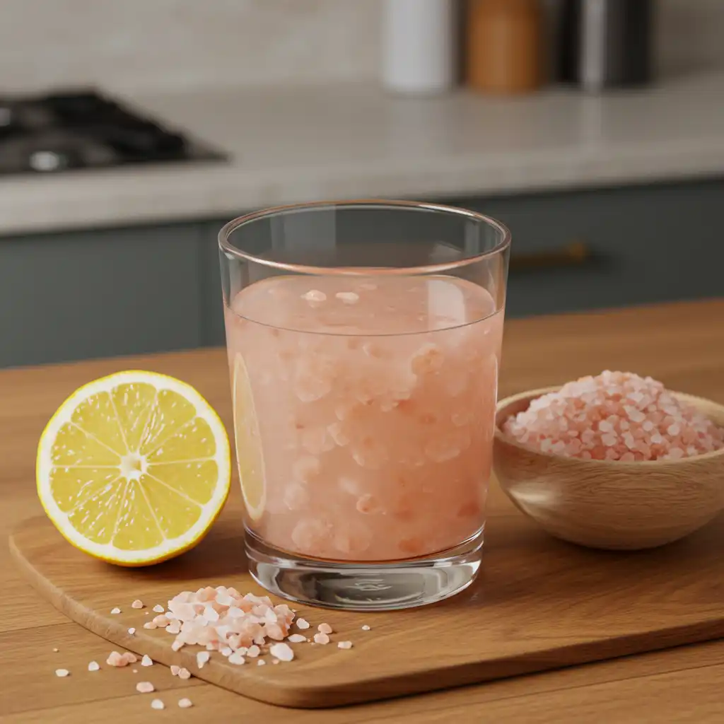 A close-up of a pink Himalayan salt weight loss drink with lemon, photographed in natural light on a wooden kitchen counter.