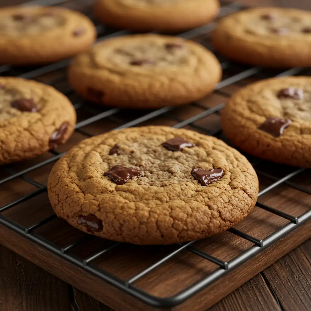 Best chocolate chip cookies cooling on rack with melty chocolate