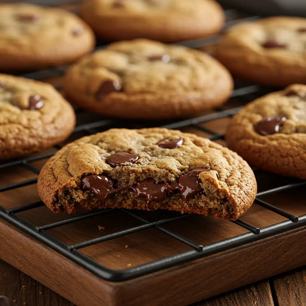 Best chocolate chip cookies cooling on rack with melty chocolate