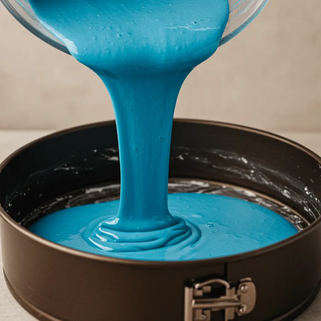 Blue Velvet Cake: A Stunning Twist on a Classic Favorite 37 Blue Velvet Cake batter being poured into a cake pan