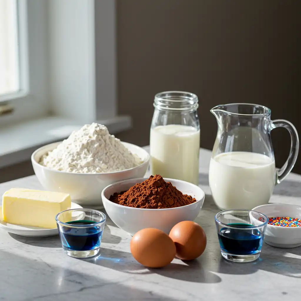blue-velvet-cake-ingredients Ingredients for Blue Velvet Cake arranged on a kitchen counter