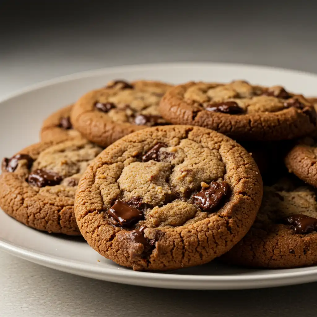 Chocolate Chip Cookies Freshly baked chocolate chip cookies on a rustic wooden plate with a glass of milk.