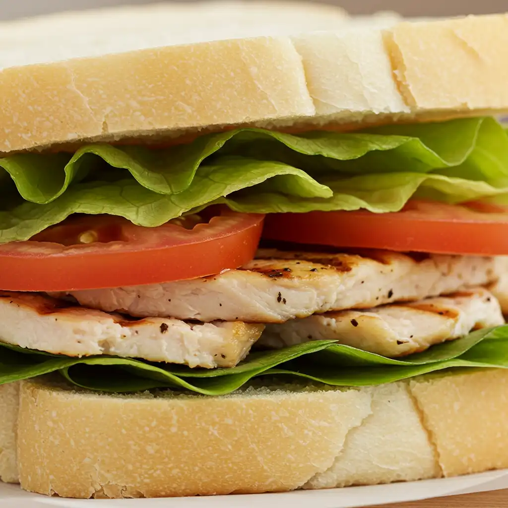 A vibrant white bread sandwich featuring colorful vegetables and lean protein to show healthy meal options.