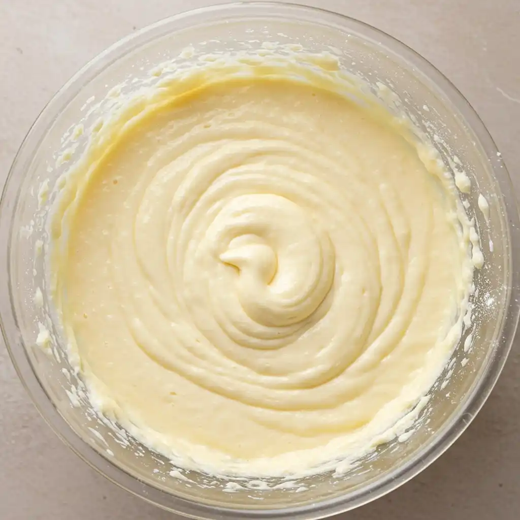 Smooth and fluffy vanilla cupcake batter in a mixing bowl