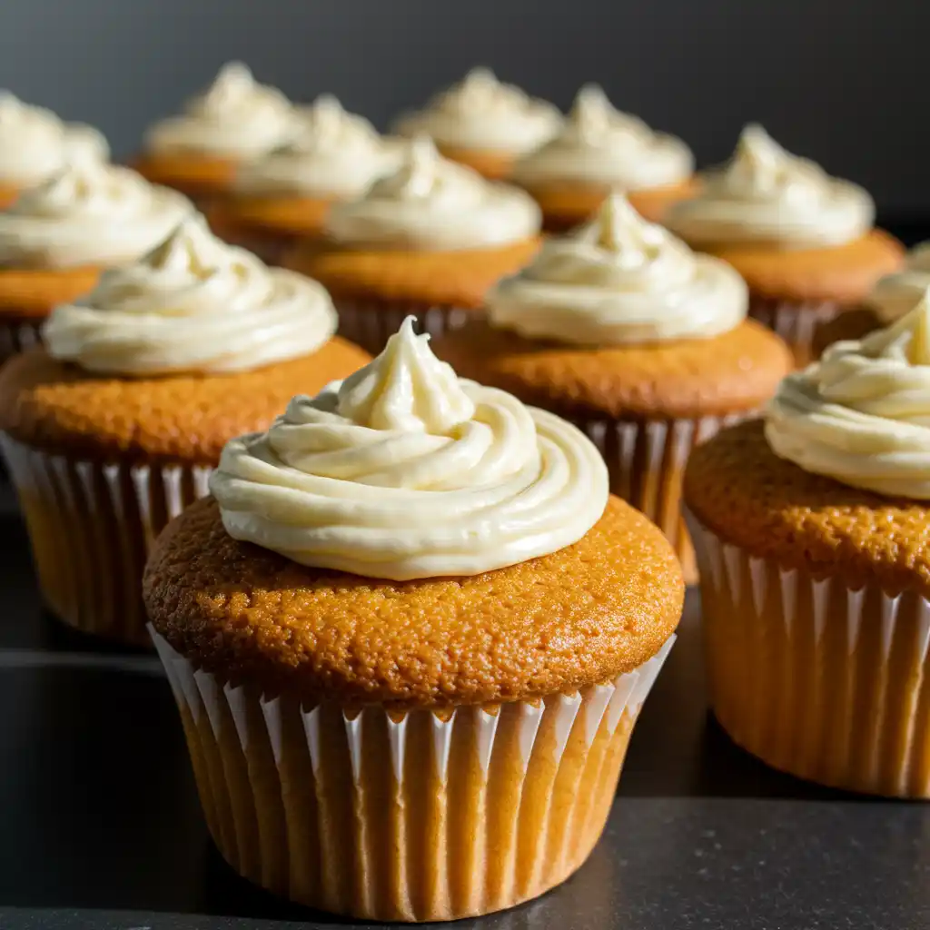 Moist vanilla cupcakes fresh out of the oven with creamy frosting