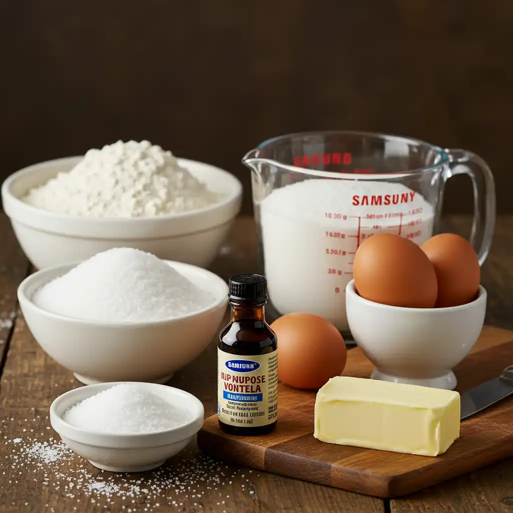 Ingredients for moist vanilla cupcakes including butter, eggs, and flour