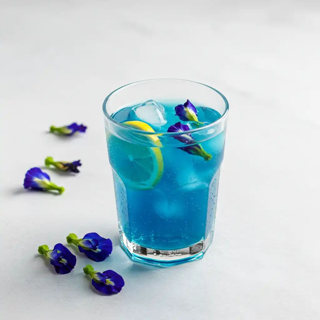 Mounjaro liquid recipe with butterfly pea flower, lemon, and apple cider vinegar in a glass
