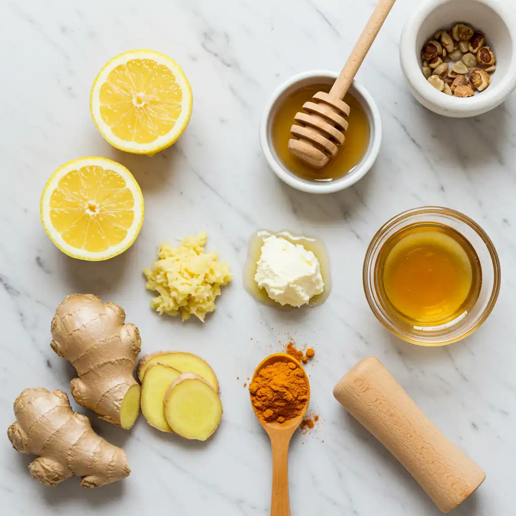 Ingredients for natural Mounjaro weight loss drink including lemon, ginger, honey, apple cider vinegar