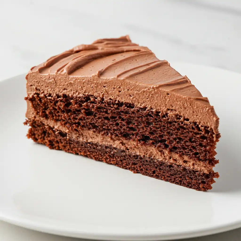Moist and fluffy no oven cake slice served on a white plate