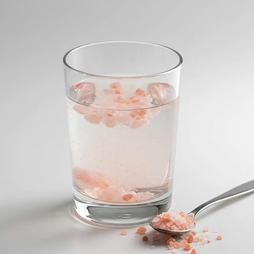 Close-up of a glass with warm water and dissolved pink Himalayan salt for recipe for pink salt trick to lose weight