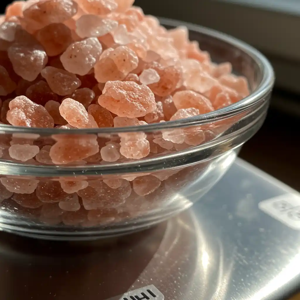Pink Himalayan salt in glass bowl on kitchen scale for recipe for pink salt trick to lose weight