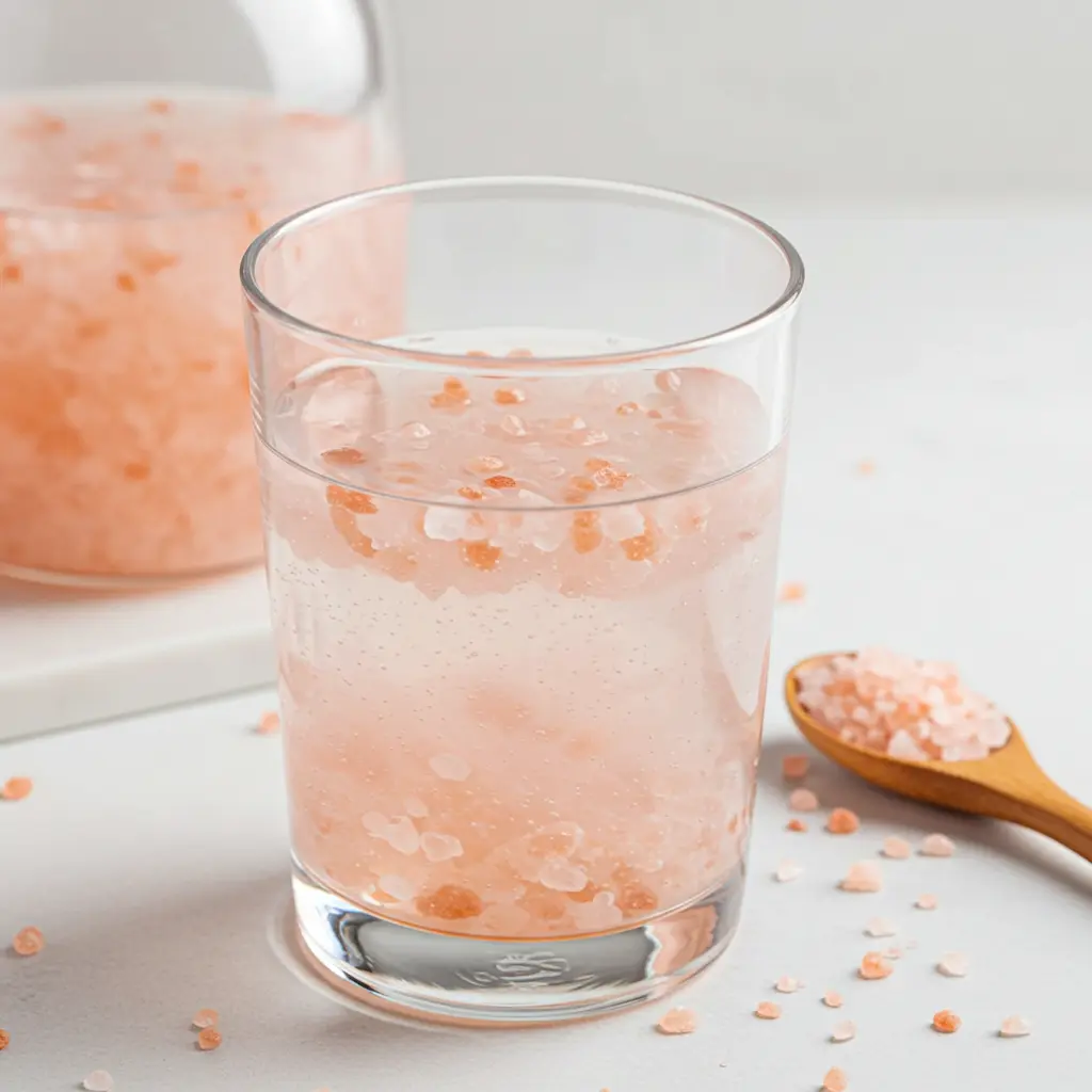 Journal and weight loss scale next to pink salt water for recipe for pink salt trick to lose weight