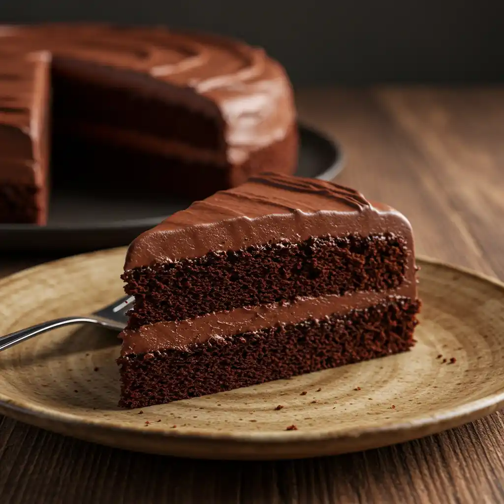 moist chocolate cake slice with glossy chocolate frosting