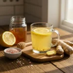 Glass of natural Mounjaro drink with lemon, ginger, and honey on a wooden countertop