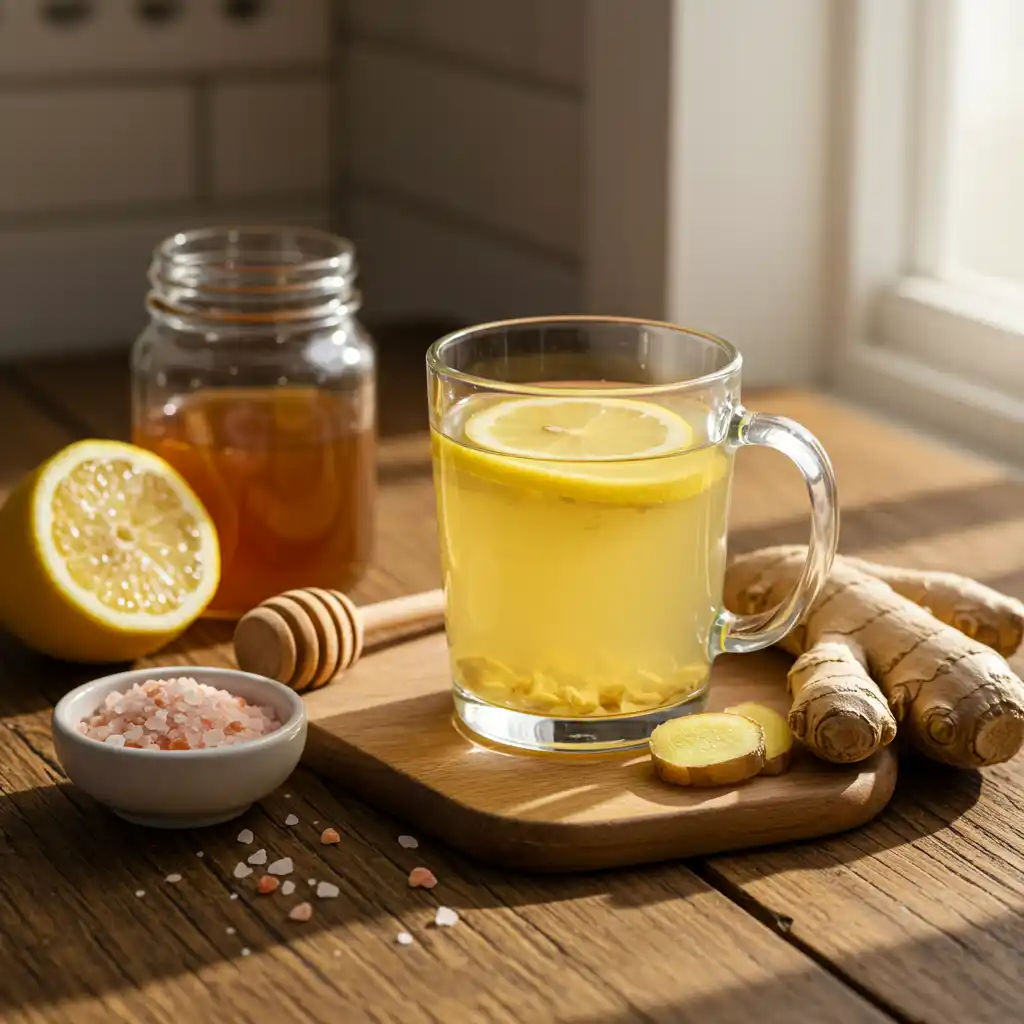 Glass of natural Mounjaro drink with lemon, ginger, and honey on a wooden countertop