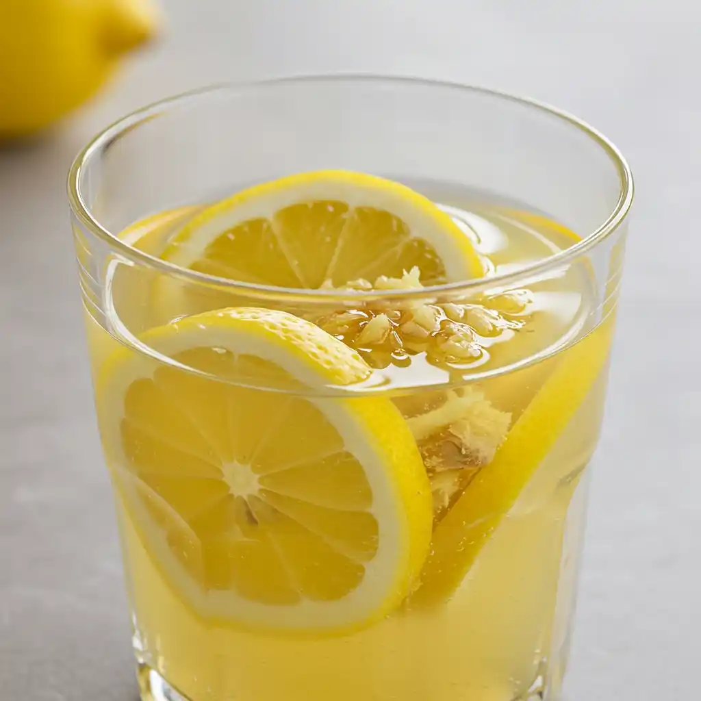 Glass of the natural Mounjaro recipe drink made with lemon, ginger, honey, and warm water