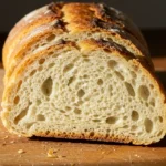 Freshly sliced white bread loaf close-up