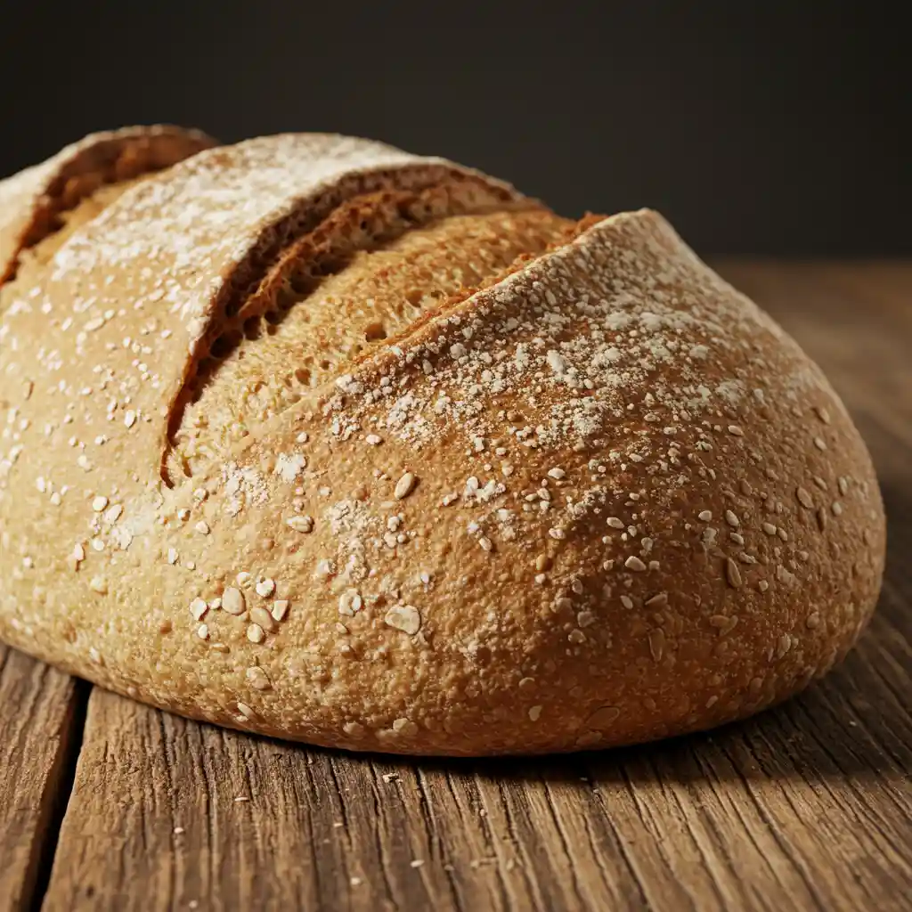 Freshly baked whole wheat bread on a rustic wooden table