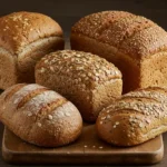 Variety of whole wheat bread types including multigrain and seeded loaves