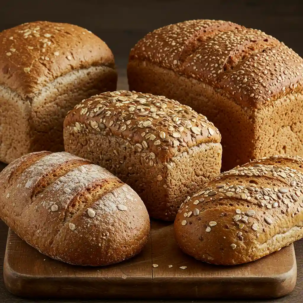 Variety of whole wheat bread types including multigrain and seeded loaves