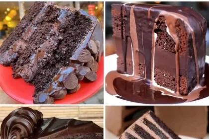 Delicious homemade chocolate cake topped with rich chocolate frosting.