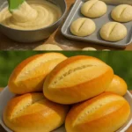 Freshly baked homemade fluffy bread rolls on a wooden table