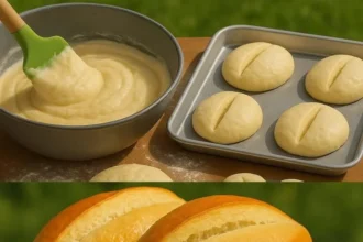 Freshly baked homemade fluffy bread rolls on a wooden table