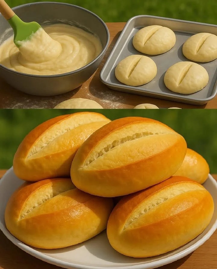 Freshly baked homemade fluffy bread rolls on a wooden table