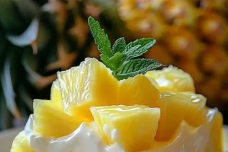 Delicious no-bake pineapple cream dessert served in a glass dish