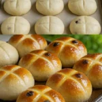 Freshly baked soft hot cross buns with spices and cross on top