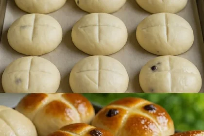 Freshly baked soft hot cross buns with spices and cross on top
