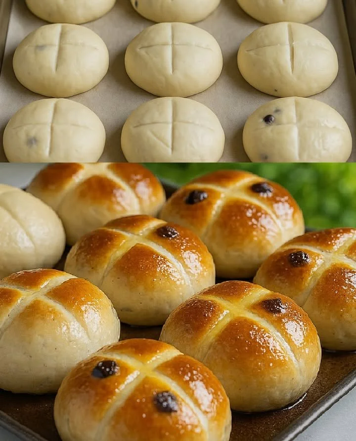 Freshly baked soft hot cross buns with spices and cross on top