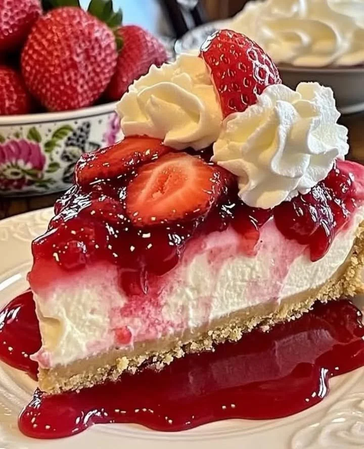 Delicious strawberry swirl cheesecake with vibrant strawberry topping