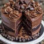 Delicious triple chocolate cake with chocolate frosting and sprinkles