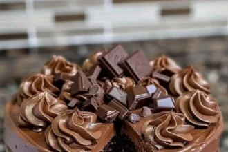 Triple Chocolate Cake with layers of chocolate frosting and rich dark chocolate