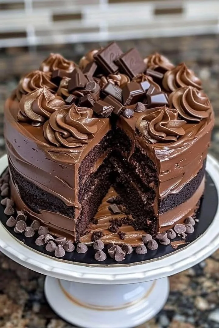 Triple Chocolate Cake with layers of chocolate frosting and rich dark chocolate